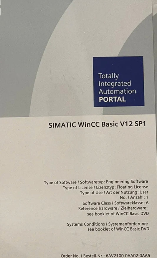 Siemens 6AV2100-0AA02-0AA5 Simatic WinCC Basic V12 SP1 + 6XV1850.261120+ Cacciav
